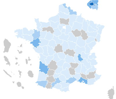Carte de France de la répartition des membres. Beaucoup de membres en Île de France, et un peu partout en région.